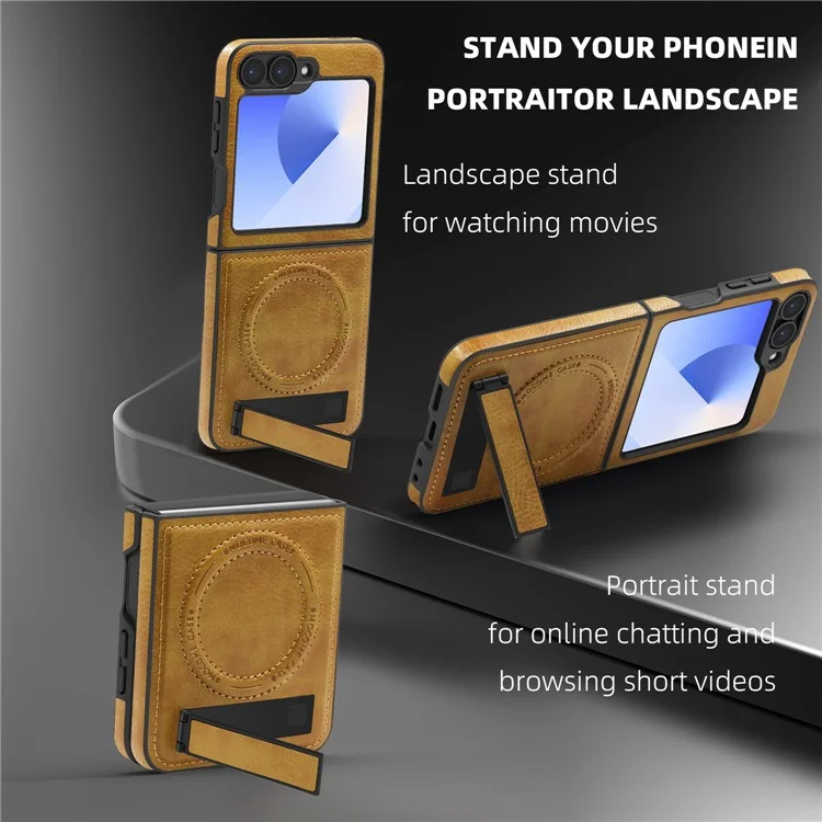Funda Magnética de Cuero para Samsung Galaxy Z Flip6 5G con Soporte Plegable Compatible con MagSafe - Marrón