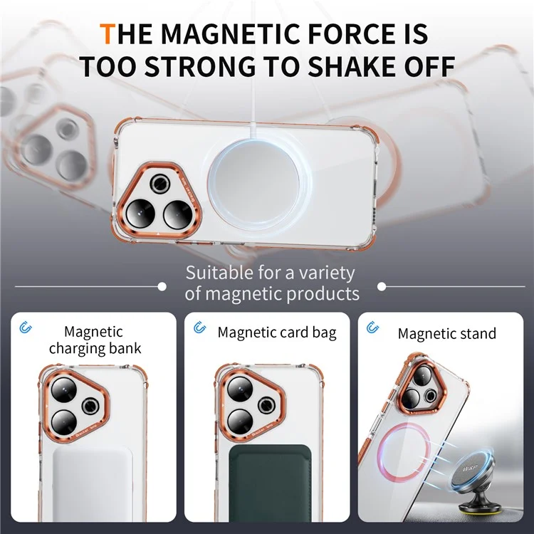 Pour Xiaomi Redmi 13 4G / 5G Étui de téléphone transparent avec support de lentille Compatible avec MagSafe - Orange