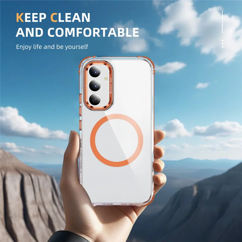 Cover trasparente per Samsung Galaxy A54 5G con supporto per lenti, compatibile con MagSafe - Arancione