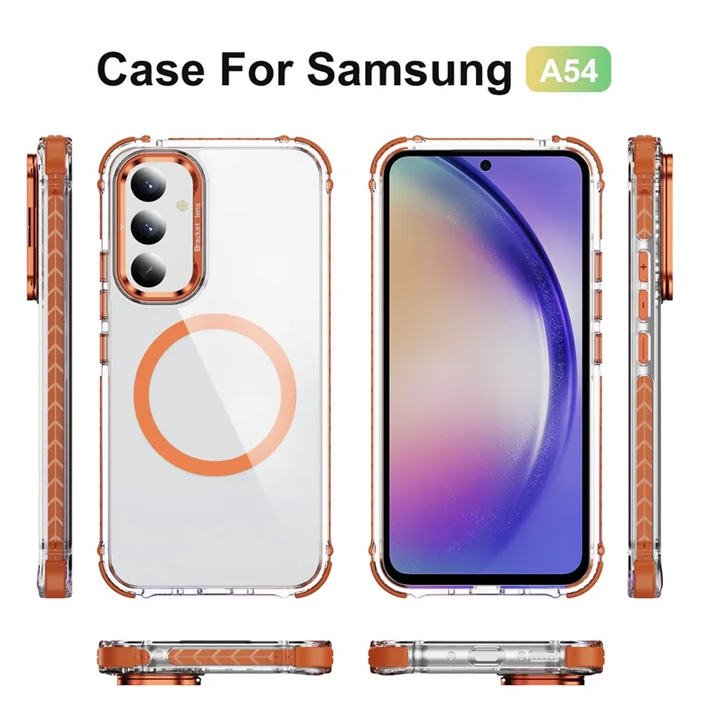 Cover trasparente per Samsung Galaxy A54 5G con supporto per lenti, compatibile con MagSafe - Arancione