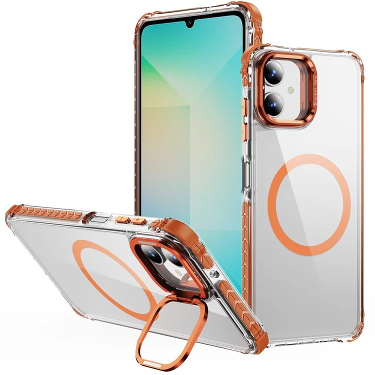 Cover Trasparente per Samsung Galaxy A06 con Supporto e Protezione Lenti, Compatibile con MagSafe - Arancione