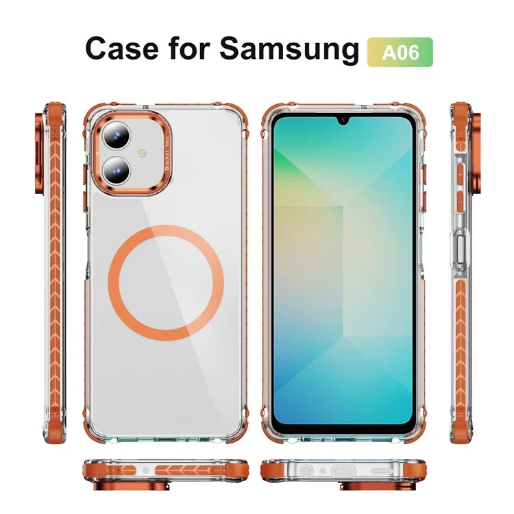 Cover Trasparente per Samsung Galaxy A06 con Supporto e Protezione Lenti, Compatibile con MagSafe - Arancione
