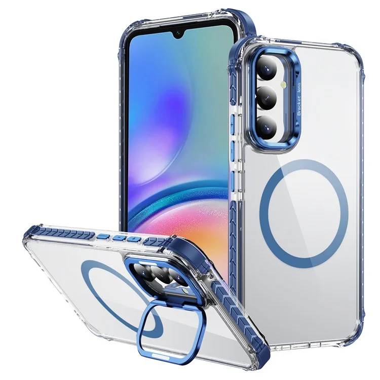 For Samsung Galaxy A05s 4G Clear Phone Case with Lens Kickstand Cover Compatible with MagSafe - Blue