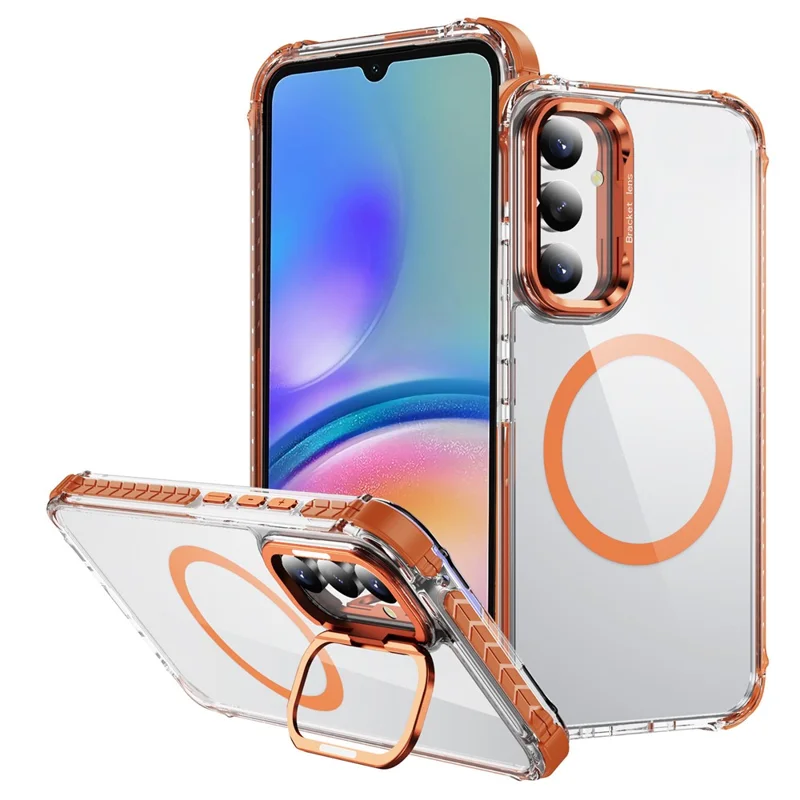 For Samsung Galaxy A05s 4G Clear Phone Case with Lens Kickstand Cover Magnetic Case - Orange