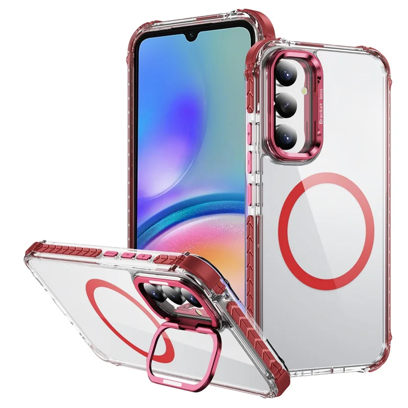 For Samsung Galaxy A05s 4G Clear Phone Case with Lens Kickstand Cover Compatible with MagSafe - Red