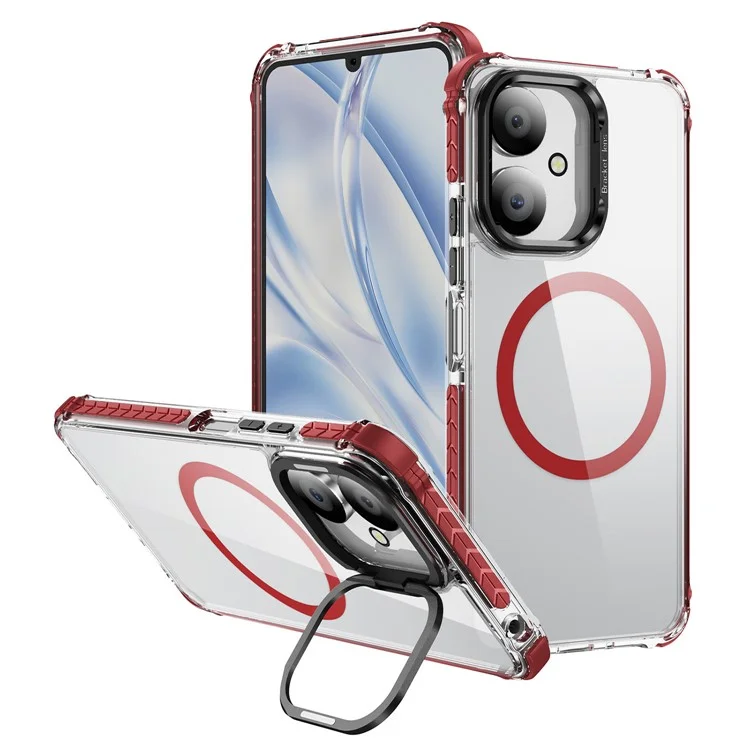 Phone Case for Xiaomi Redmi 13C 4G / 13C 5G / 13R 5G / Poco C65 4G Clear Back Cover with Lens Kickstand Compatible with MagSafe - Red / Black