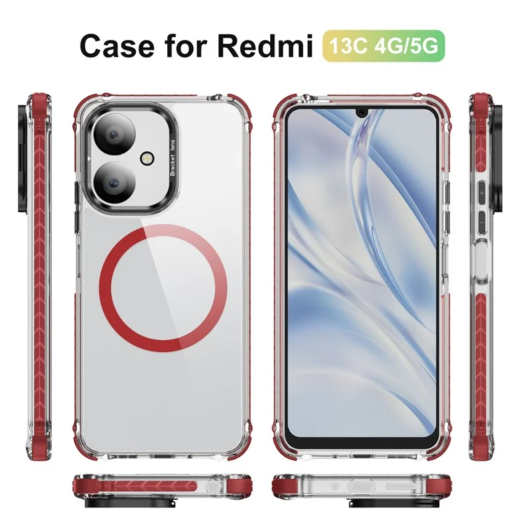 Phone Case for Xiaomi Redmi 13C 4G / 13C 5G / 13R 5G / Poco C65 4G Clear Back Cover with Lens Kickstand Compatible with MagSafe - Red / Black