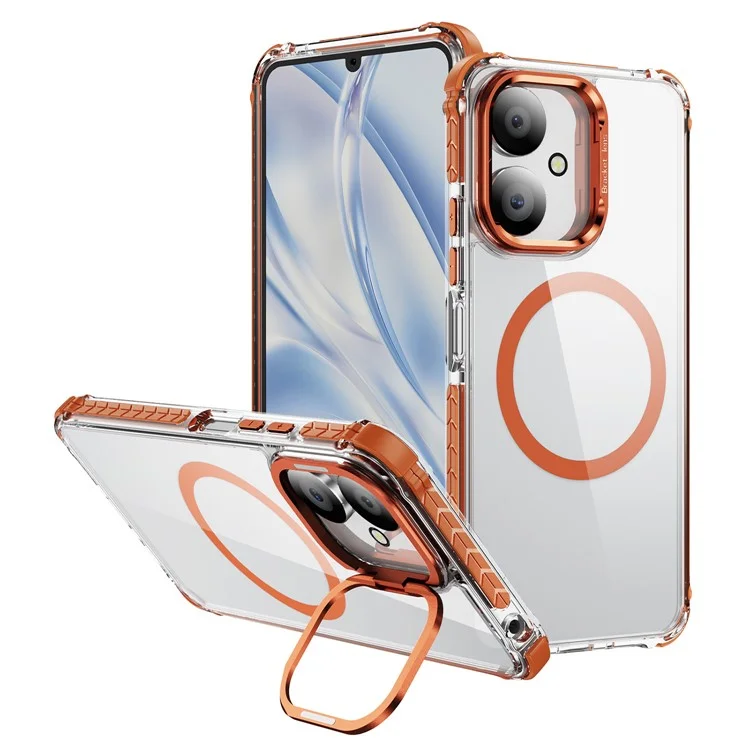 Phone Case for Xiaomi Redmi 13C 4G / 13C 5G / 13R 5G / Poco C65 4G Clear Back Cover with Lens Kickstand Compatible with MagSafe - Orange