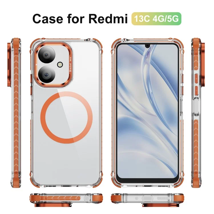 Phone Case for Xiaomi Redmi 13C 4G / 13C 5G / 13R 5G / Poco C65 4G Clear Back Cover with Lens Kickstand Compatible with MagSafe - Orange