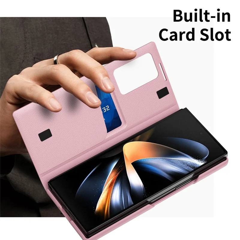 Cover in pelle per Samsung Galaxy Z Fold3 5G con finestra di visualizzazione e slot per carte - Rosa