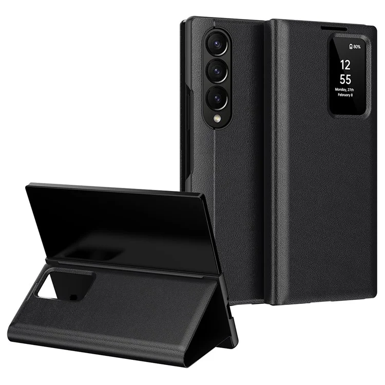 Capa de Couro para Samsung Galaxy Z Fold3 5G com Janela de Visualização e Compartimento para Cartão - Preto