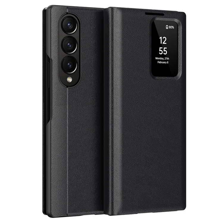 Capa de Couro para Samsung Galaxy Z Fold3 5G com Janela de Visualização e Compartimento para Cartão - Preto