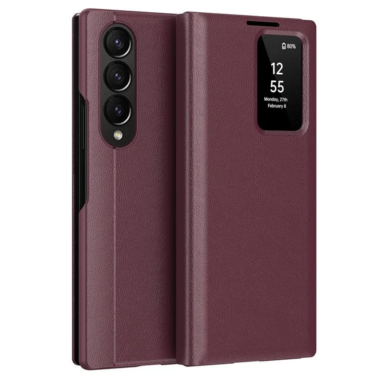 Étui en cuir pour Samsung Galaxy Z Fold3 5G avec fenêtre d'affichage et emplacement pour carte - Rouge vin