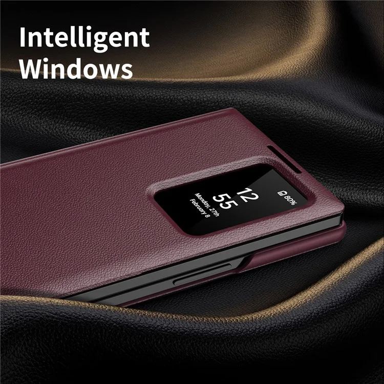 Étui en cuir pour Samsung Galaxy Z Fold3 5G avec fenêtre d'affichage et emplacement pour carte - Rouge vin