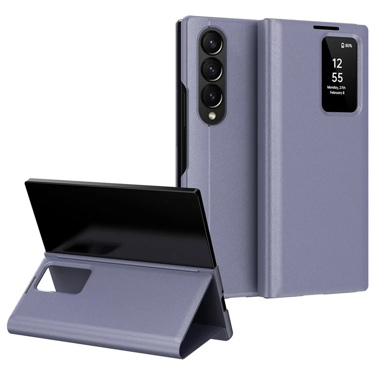 Cover in pelle per Samsung Galaxy Z Fold3 5G con finestra di visualizzazione e slot per schede - Grigio Viola