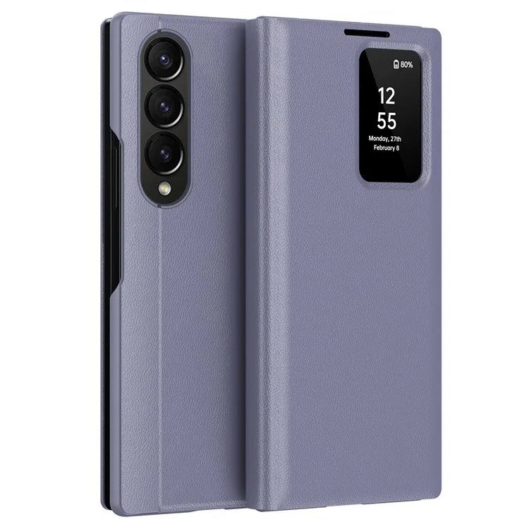 Cover in pelle per Samsung Galaxy Z Fold3 5G con finestra di visualizzazione e slot per schede - Grigio Viola