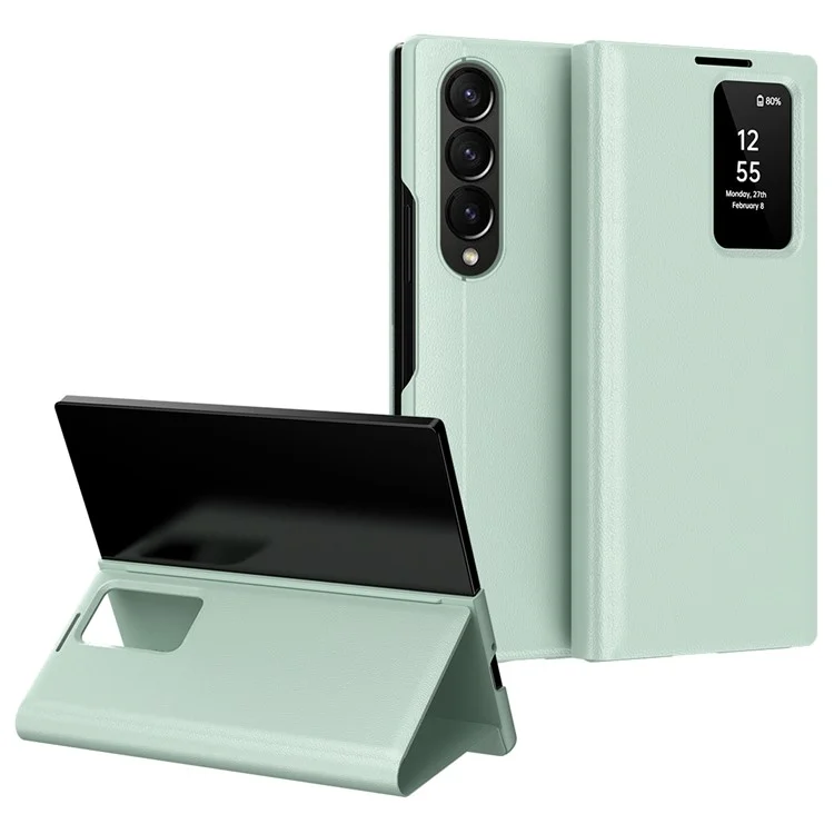 Para Samsung Galaxy Z Fold3 5G Capa de Couro com Janela de Visualização e Compartimento para Cartão - Verde Claro