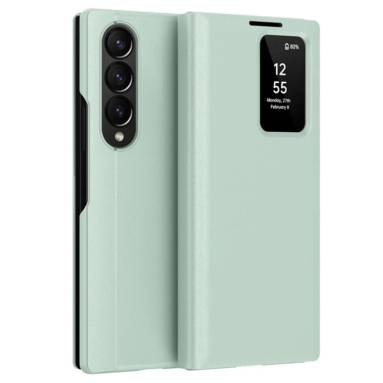 Para Samsung Galaxy Z Fold3 5G Capa de Couro com Janela de Visualização e Compartimento para Cartão - Verde Claro