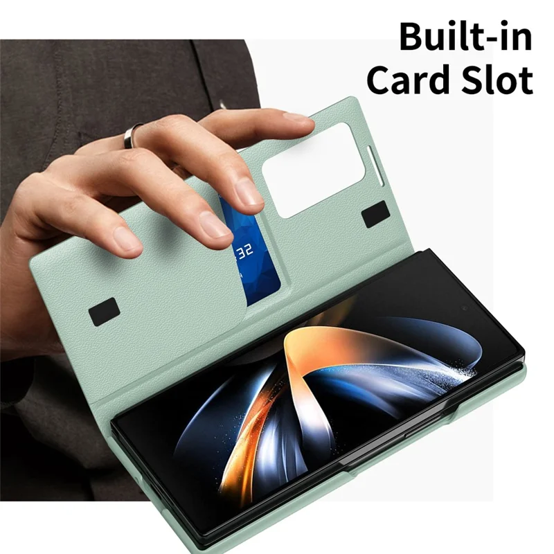 Para Samsung Galaxy Z Fold3 5G Capa de Couro com Janela de Visualização e Compartimento para Cartão - Verde Claro