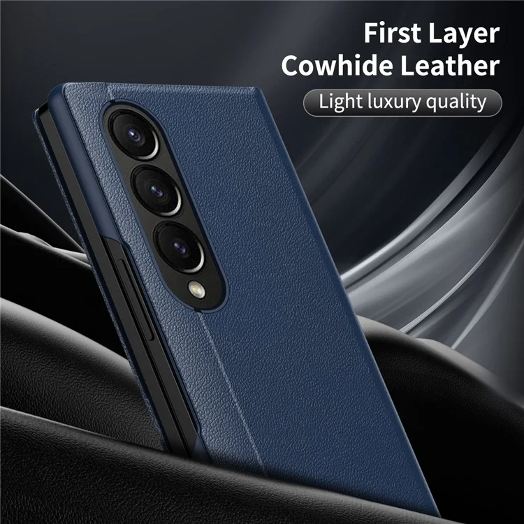 Pour Samsung Galaxy Z Fold4 5G Étui en cuir avec fenêtre d'affichage et fente pour carte - Saphir