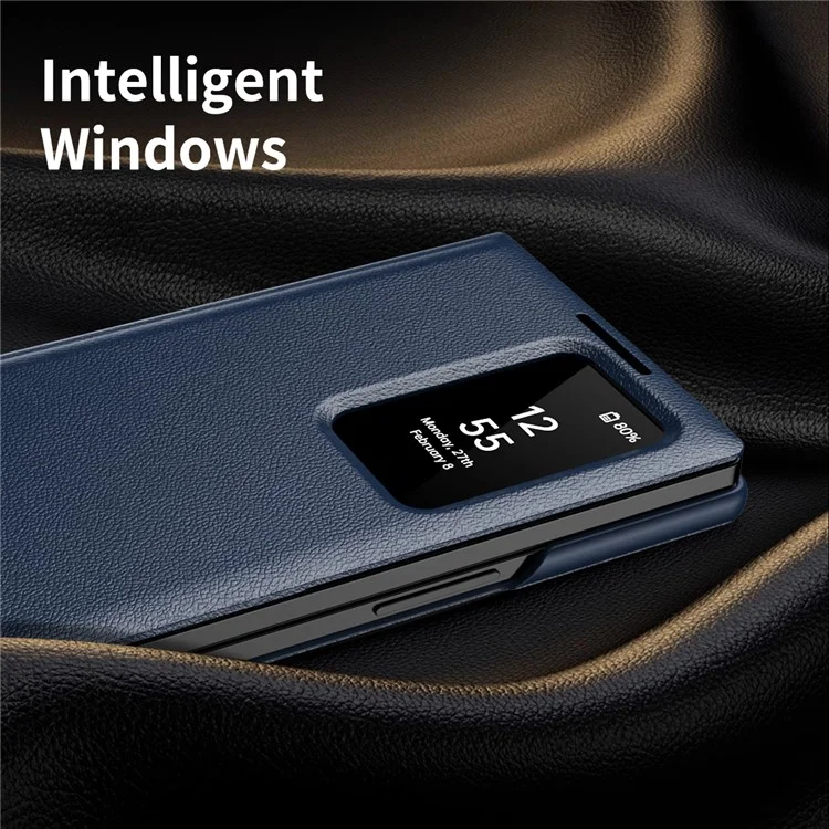 Pour Samsung Galaxy Z Fold4 5G Étui en cuir avec fenêtre d'affichage et fente pour carte - Saphir