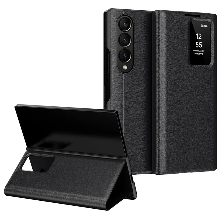 Für Samsung Galaxy Z Fold4 5G Hülle Lederhülle mit Sichtfenster und Kartenfach - Schwarz