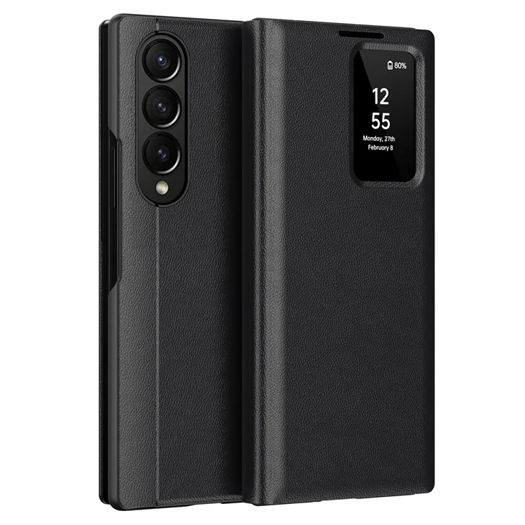 Für Samsung Galaxy Z Fold4 5G Hülle Lederhülle mit Sichtfenster und Kartenfach - Schwarz