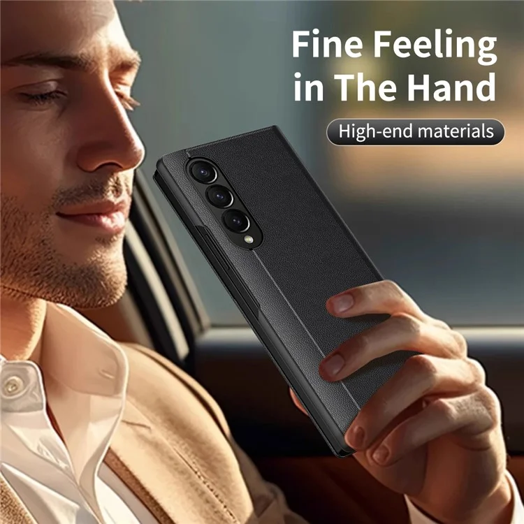 Für Samsung Galaxy Z Fold4 5G Hülle Lederhülle mit Sichtfenster und Kartenfach - Schwarz