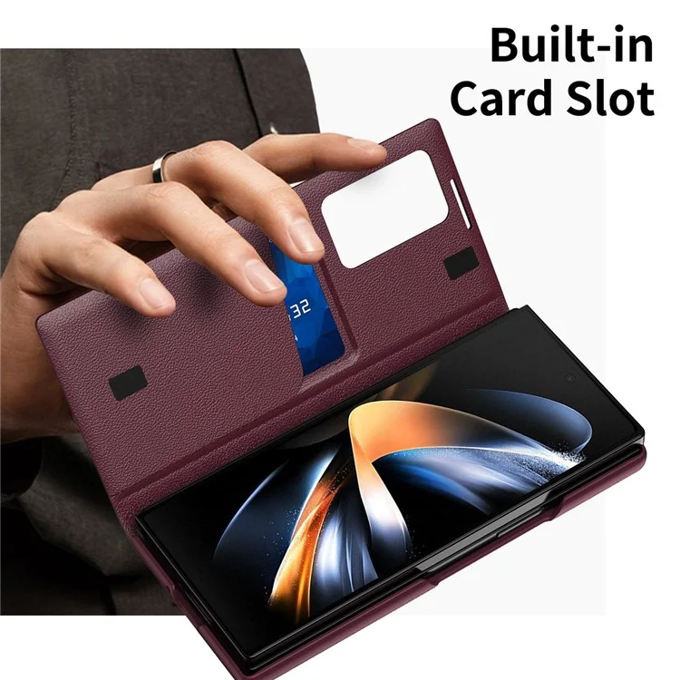 Capa de telefone de couro com janela de visualização e slot para cartão para o Samsung Galaxy Z Fold4 5G - Vermelho Vinho