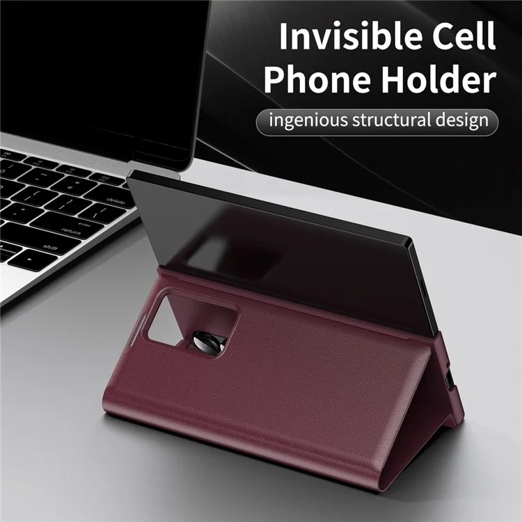 Capa de telefone de couro com janela de visualização e slot para cartão para o Samsung Galaxy Z Fold4 5G - Vermelho Vinho