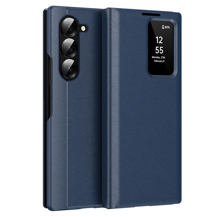 Étui pour Samsung Galaxy Z Fold5 5G avec Porte-cartes Fenêtre d'Affichage Intelligent Housse de Téléphone en Cuir - Saphir