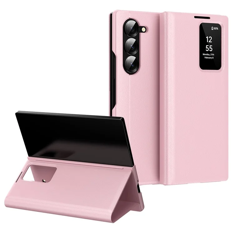 Étui pour Samsung Galaxy Z Fold5 5G avec Porte-cartes et Fenêtre d'Affichage Intelligente en Cuir - Rose