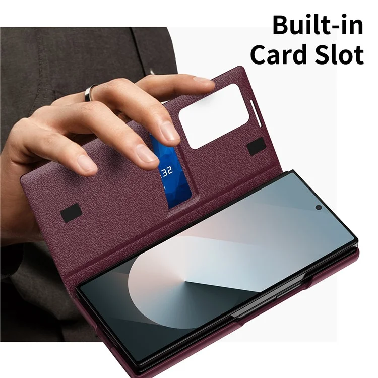 Capa para Samsung Galaxy Z Fold5 5G com suporte para cartão, janela smart view e cobertura de couro - Vinho Tinto