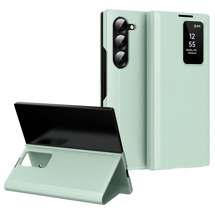 For Samsung Galaxy Z Fold5 5G Case with Card Holder Smart View Window Leather Phone Cover - Light Green