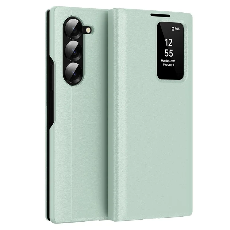 For Samsung Galaxy Z Fold5 5G Case with Card Holder Smart View Window Leather Phone Cover - Light Green