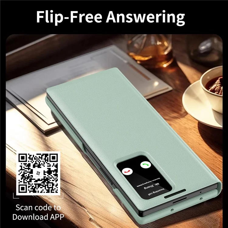 For Samsung Galaxy Z Fold5 5G Case with Card Holder Smart View Window Leather Phone Cover - Light Green