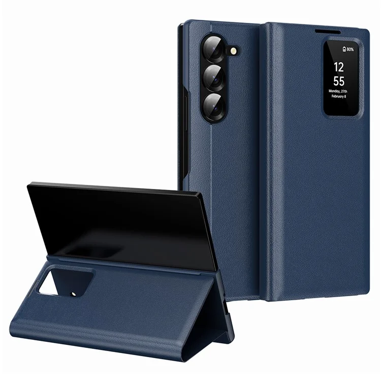For Samsung Galaxy Z Fold6 5G Case with Card Holder Smart View Window Leather Phone Cover - Sapphire