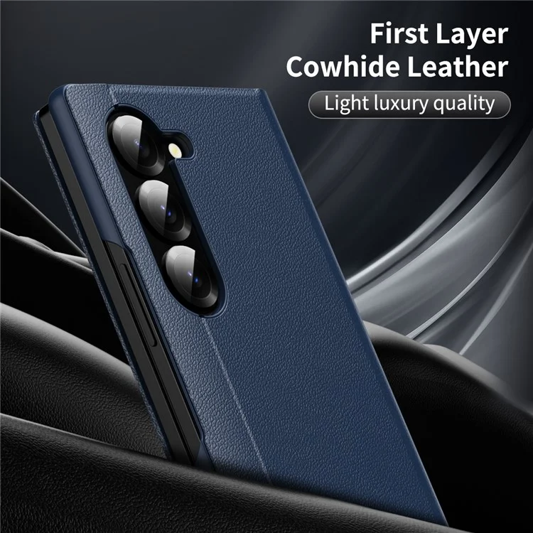 For Samsung Galaxy Z Fold6 5G Case with Card Holder Smart View Window Leather Phone Cover - Sapphire