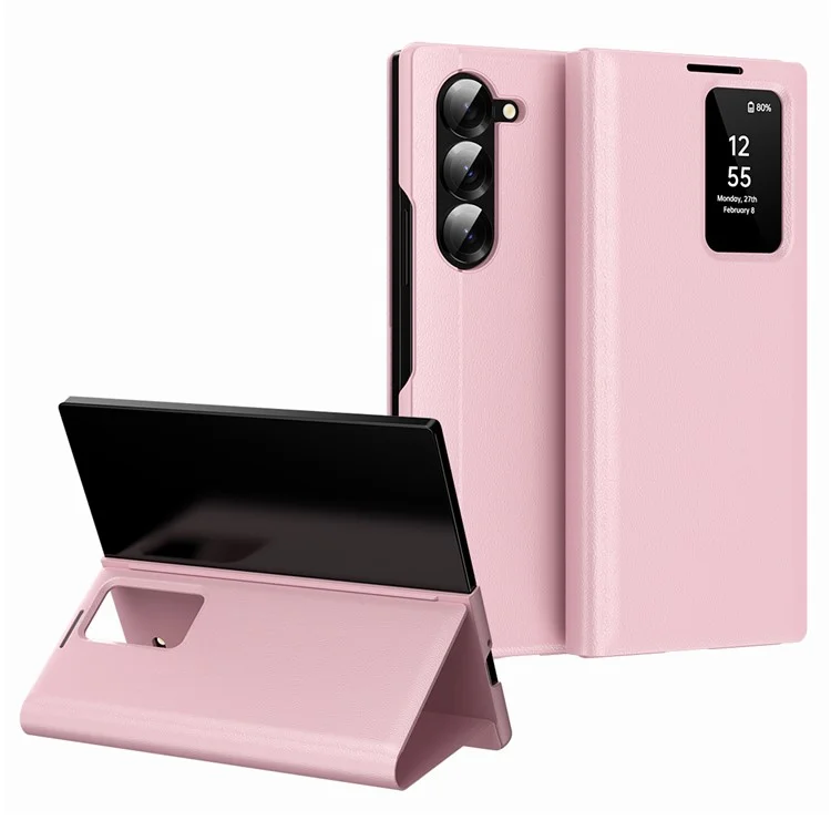 For Samsung Galaxy Z Fold6 5G Case with Card Holder Smart View Window Leather Phone Cover - Pink