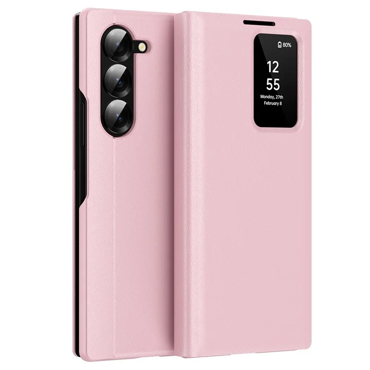 For Samsung Galaxy Z Fold6 5G Case with Card Holder Smart View Window Leather Phone Cover - Pink