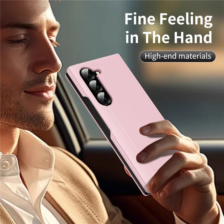 For Samsung Galaxy Z Fold6 5G Case with Card Holder Smart View Window Leather Phone Cover - Pink