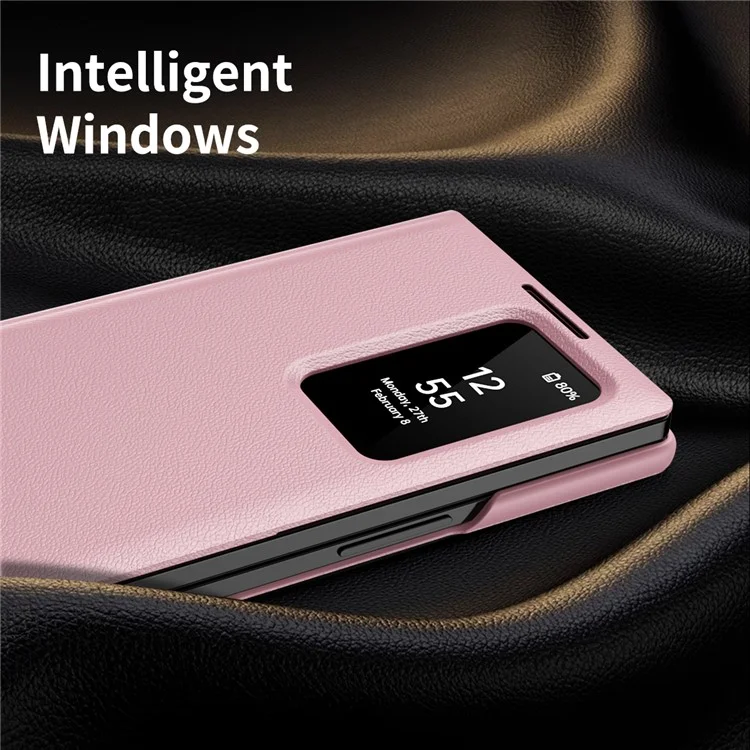 For Samsung Galaxy Z Fold6 5G Case with Card Holder Smart View Window Leather Phone Cover - Pink