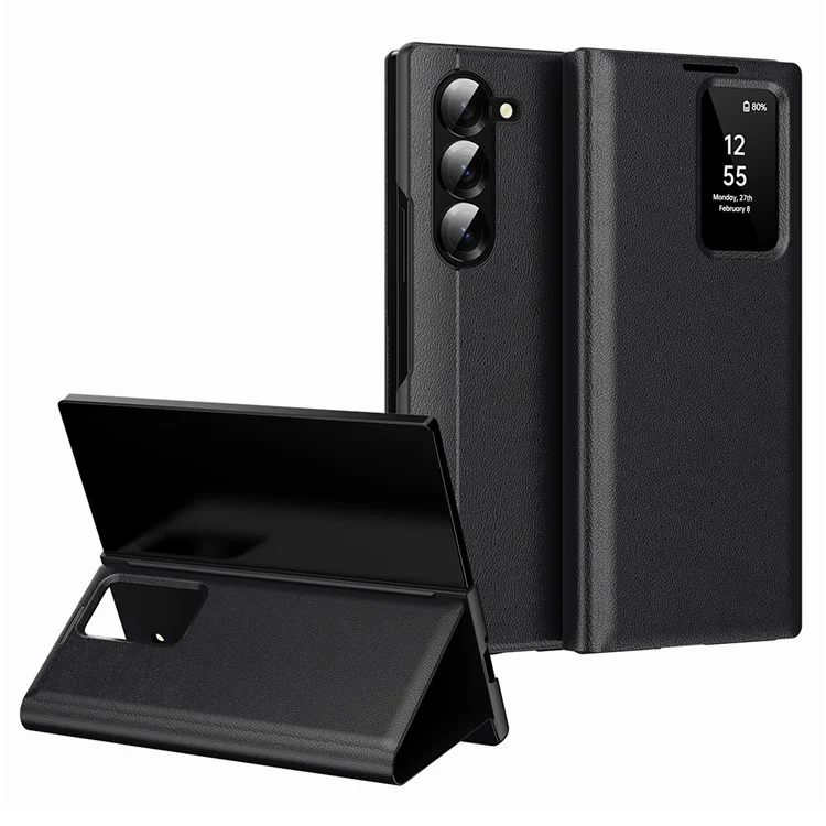 Für Samsung Galaxy Z Fold6 5G Hülle mit Kartenhalter Smart View Fenster Lederhülle Handyhülle - Schwarz