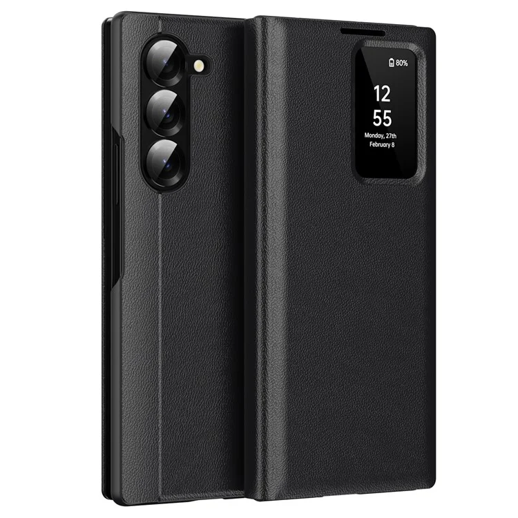 Für Samsung Galaxy Z Fold6 5G Hülle mit Kartenhalter Smart View Fenster Lederhülle Handyhülle - Schwarz