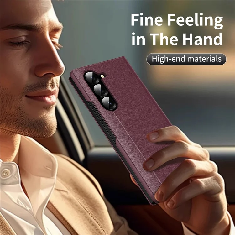 Capa para Samsung Galaxy Z Fold6 5G com Porta-cartões e Janela de Visualização Inteligente em Couro - Vermelho Vinho