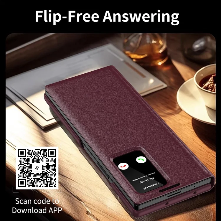 Capa para Samsung Galaxy Z Fold6 5G com Porta-cartões e Janela de Visualização Inteligente em Couro - Vermelho Vinho