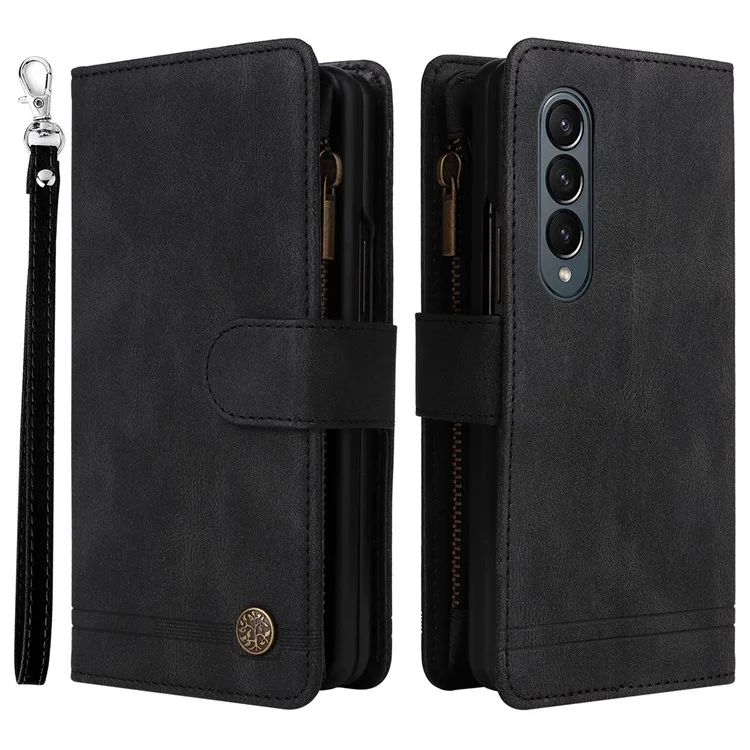For Samsung Galaxy Z Fold4 5G Shockproof Zipper Pocket Phone Case Imprinted Skin-touch Wallet Stand PU Leather Cell Phone Cover with Multiple Card Slots - Black
