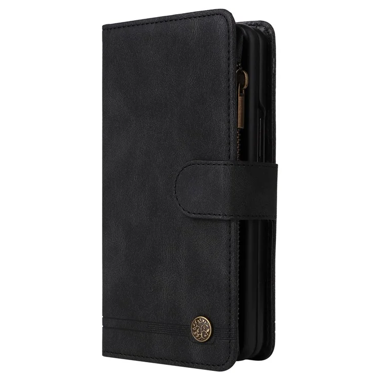 For Samsung Galaxy Z Fold4 5G Shockproof Zipper Pocket Phone Case Imprinted Skin-touch Wallet Stand PU Leather Cell Phone Cover with Multiple Card Slots - Black