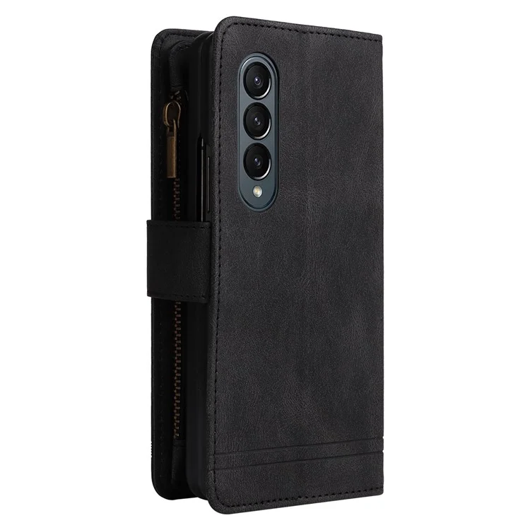 For Samsung Galaxy Z Fold4 5G Shockproof Zipper Pocket Phone Case Imprinted Skin-touch Wallet Stand PU Leather Cell Phone Cover with Multiple Card Slots - Black