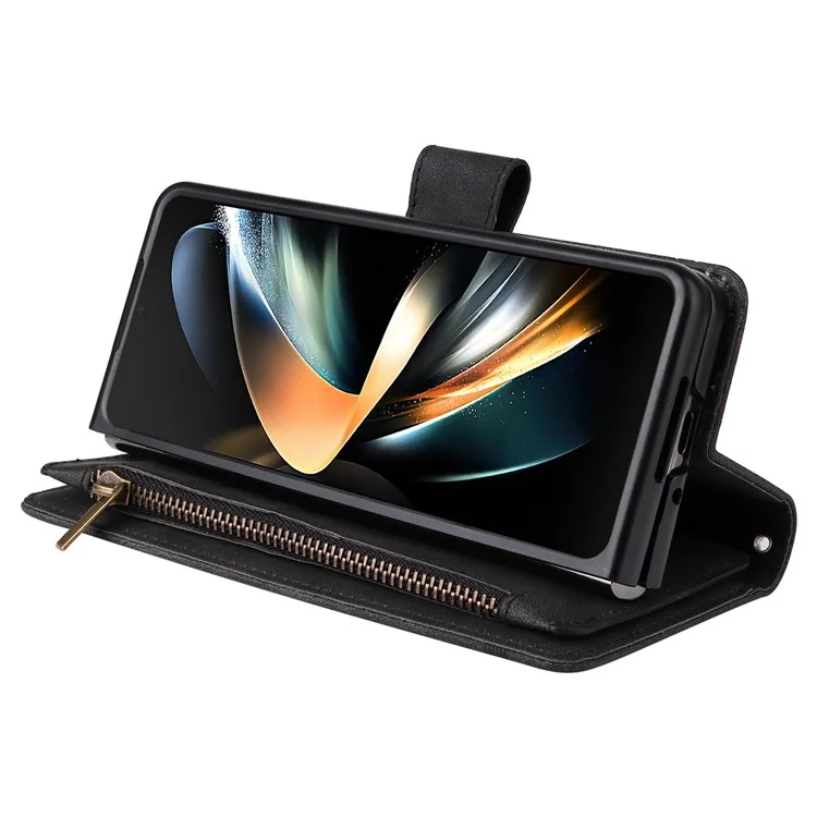 For Samsung Galaxy Z Fold4 5G Shockproof Zipper Pocket Phone Case Imprinted Skin-touch Wallet Stand PU Leather Cell Phone Cover with Multiple Card Slots - Black